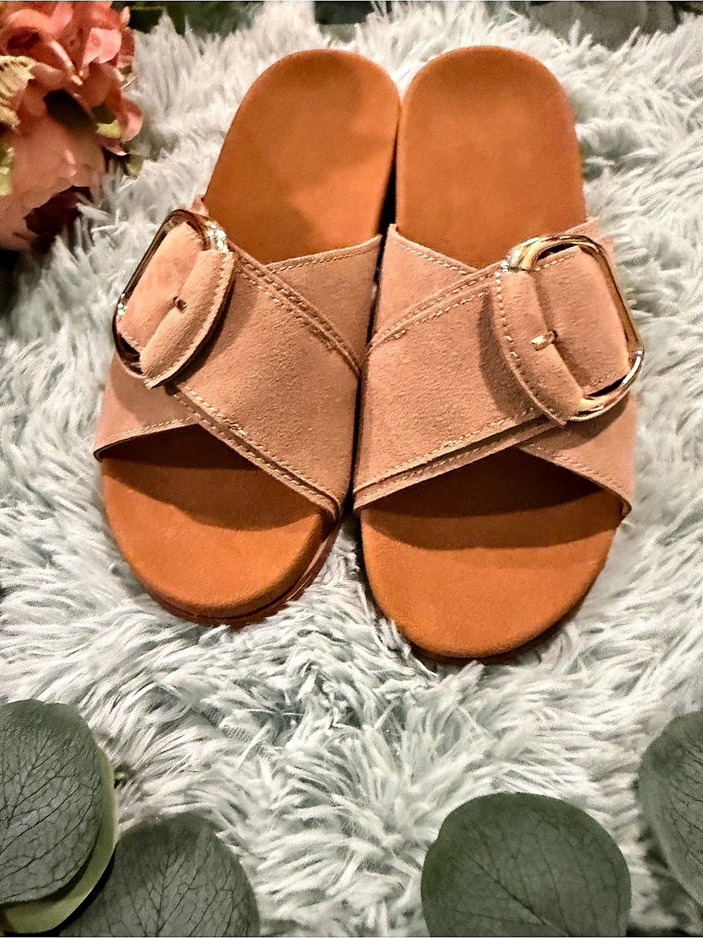 Buckle Slide Sandals in Brown Like New